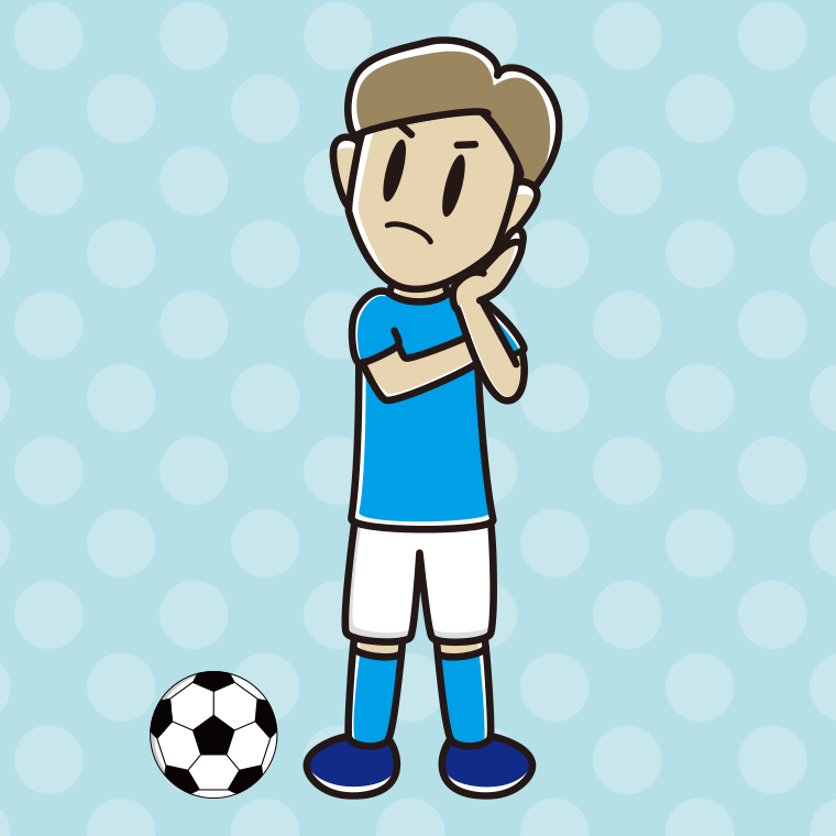 考えるサッカーのユニフォーム姿の男性のイラスト【色、背景あり】PNG