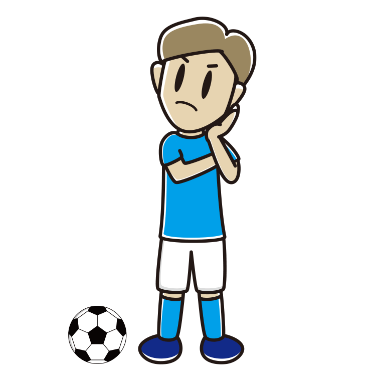 考えるサッカーのユニフォーム姿の男性のイラスト【色あり、背景なし】透過PNG