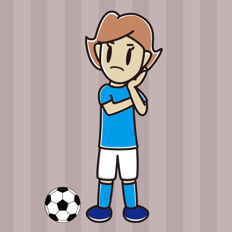 考えるサッカーのユニフォーム姿の女性のイラスト【色、背景あり】PNG