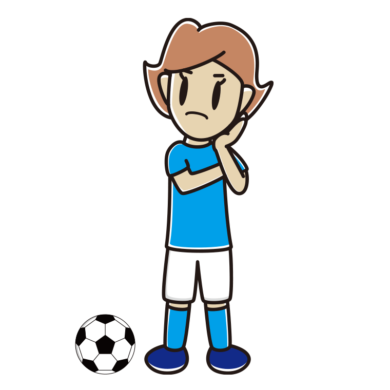 考えるサッカーのユニフォーム姿の女性のイラスト【色あり、背景なし】透過PNG