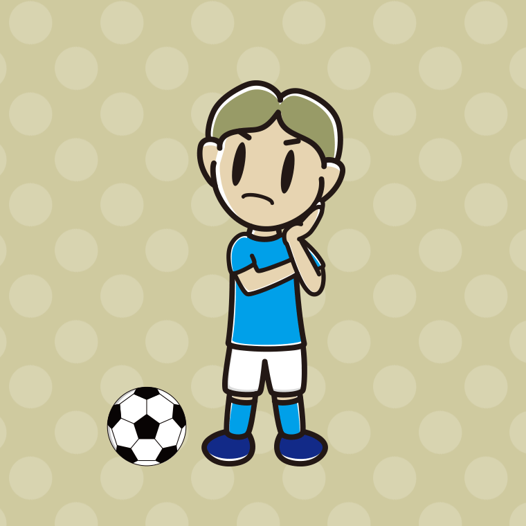 考えるサッカーのユニフォーム姿の小学生男子のイラスト【色、背景あり】PNG