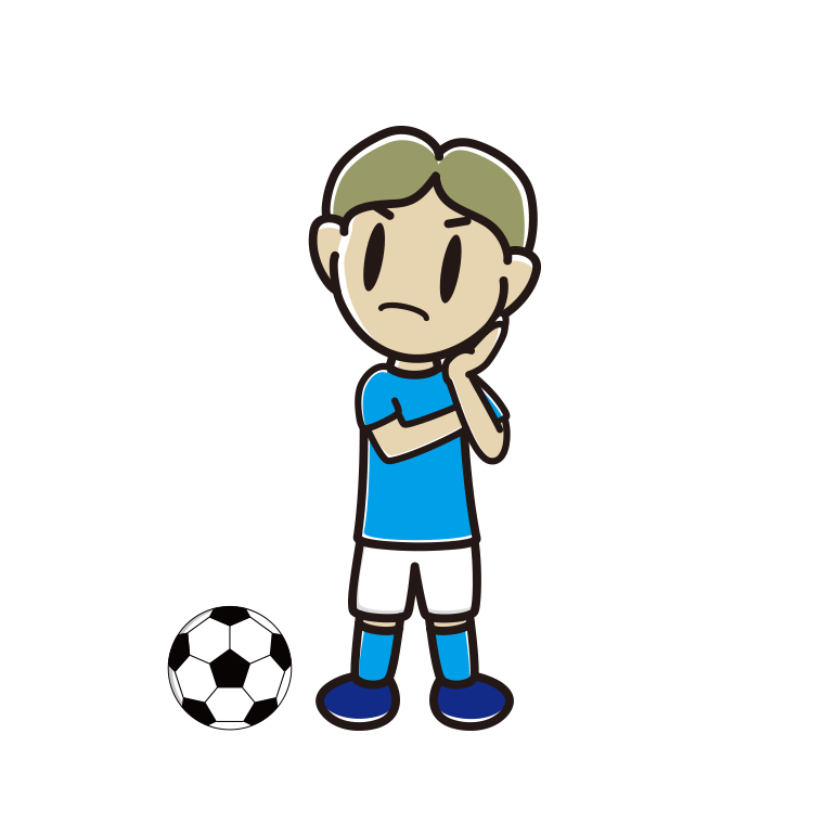 考えるサッカーのユニフォーム姿の小学生男子のイラスト【色あり、背景なし】透過PNG