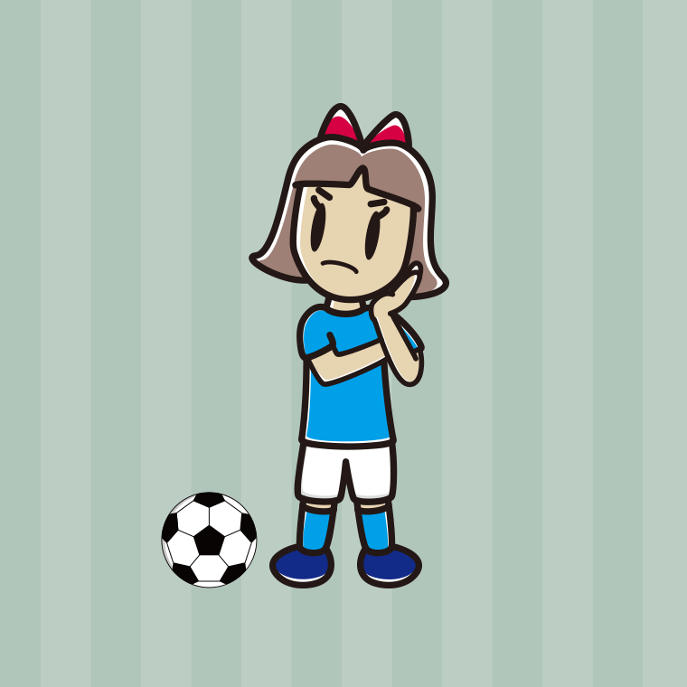 考えるサッカーのユニフォーム姿の小学生女子のイラスト【色、背景あり】PNG