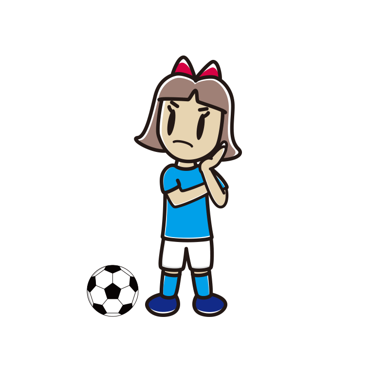 考えるサッカーのユニフォーム姿の小学生女子のイラスト【色あり、背景なし】透過PNG