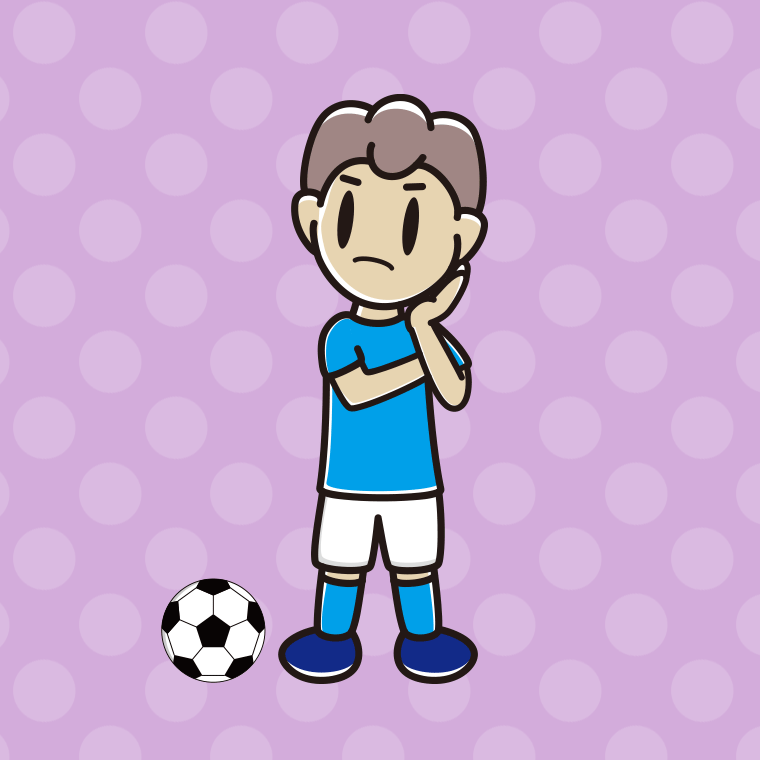 考えるサッカーのユニフォーム姿の男子中学生のイラスト【色、背景あり】PNG