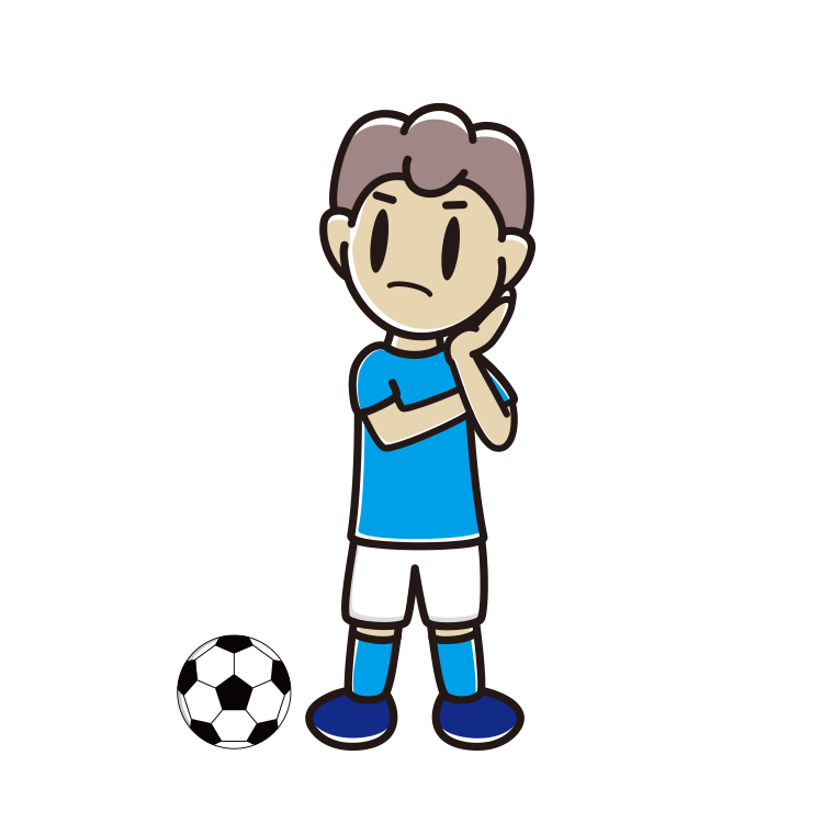 考えるサッカーのユニフォーム姿の男子中学生のイラスト【色あり、背景なし】透過PNG