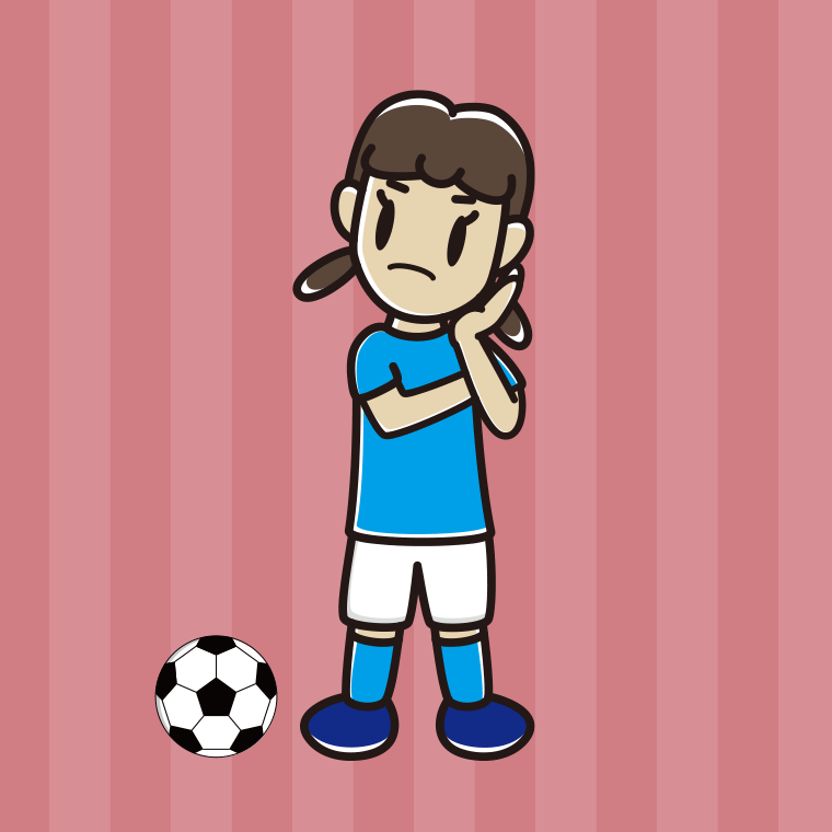 考えるサッカーのユニフォーム姿の女子中学生のイラスト【色、背景あり】PNG