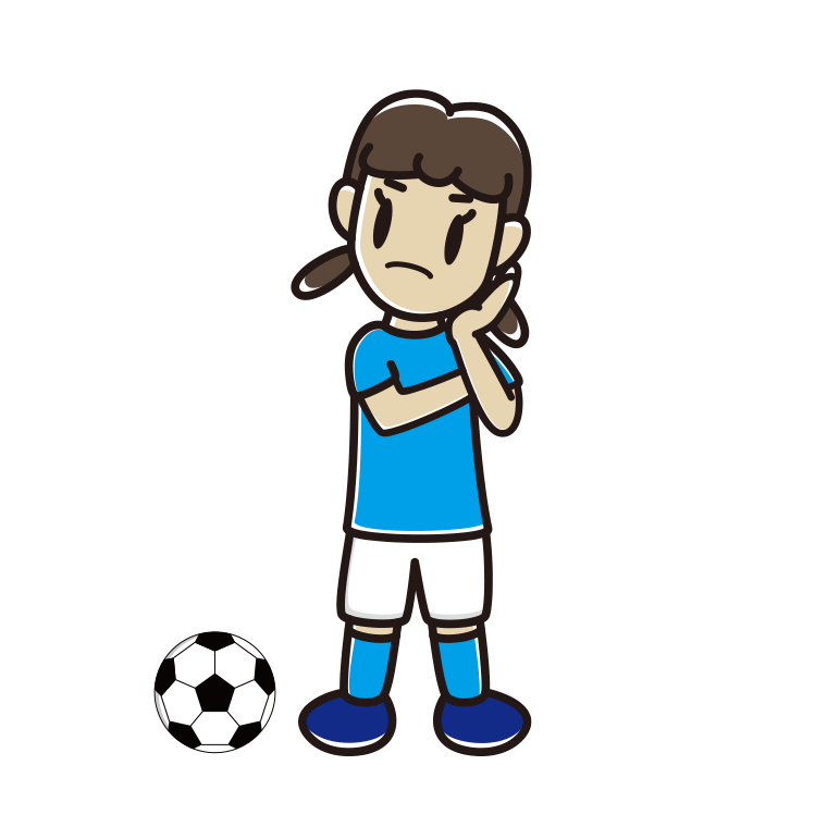 考えるサッカーのユニフォーム姿の女子中学生のイラスト【色あり、背景なし】透過PNG