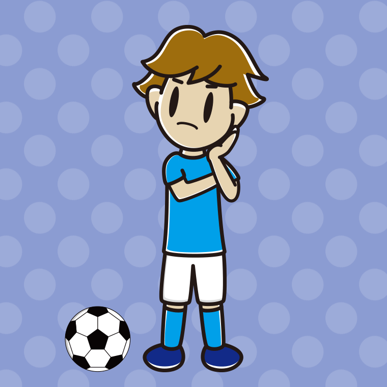 考えるサッカーのユニフォーム姿の男子高校生のイラスト【色、背景あり】PNG
