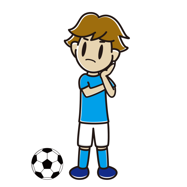 考えるサッカーのユニフォーム姿の男子高校生のイラスト【色あり、背景なし】透過PNG