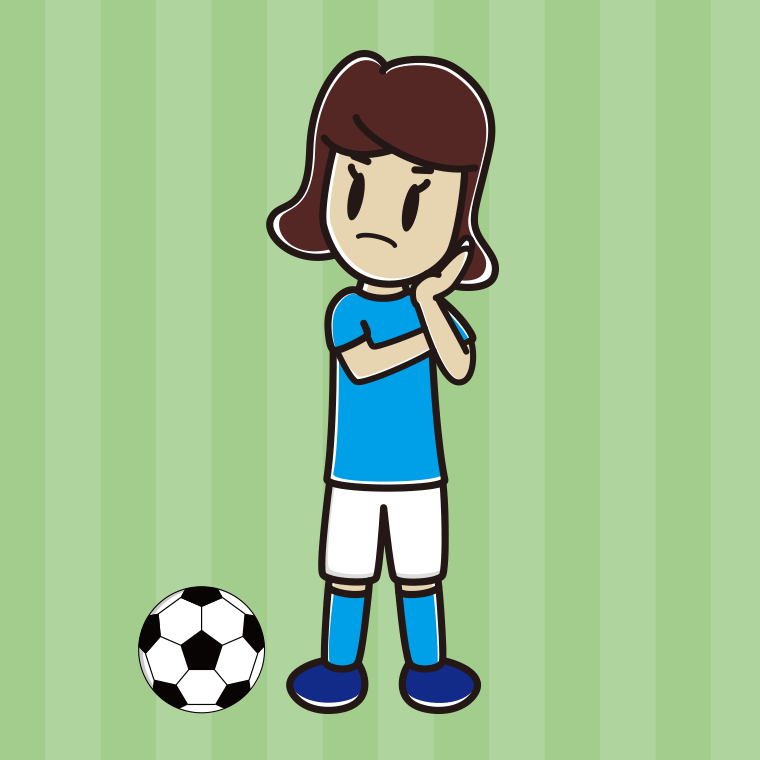 考えるサッカーのユニフォーム姿の女子高校生のイラスト【色、背景あり】PNG