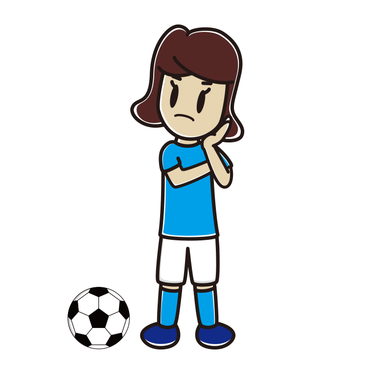 考えるサッカーのユニフォーム姿の女子高校生のイラスト【色あり、背景なし】透過PNG