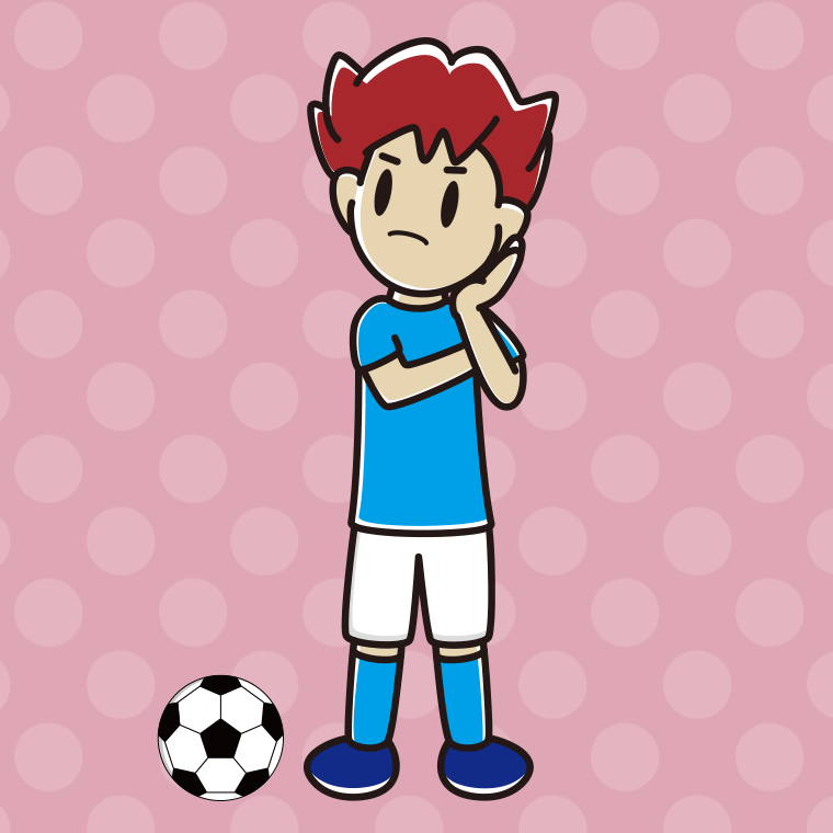 考えるサッカーのユニフォーム姿の男子大学生のイラスト【色、背景あり】PNG