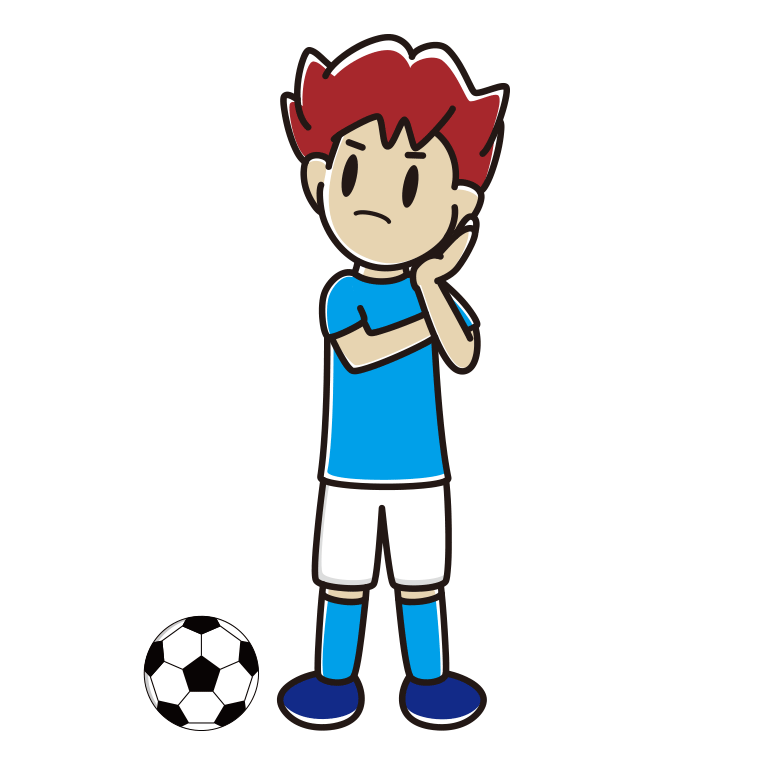 考えるサッカーのユニフォーム姿の男子大学生のイラスト【色あり、背景なし】透過PNG