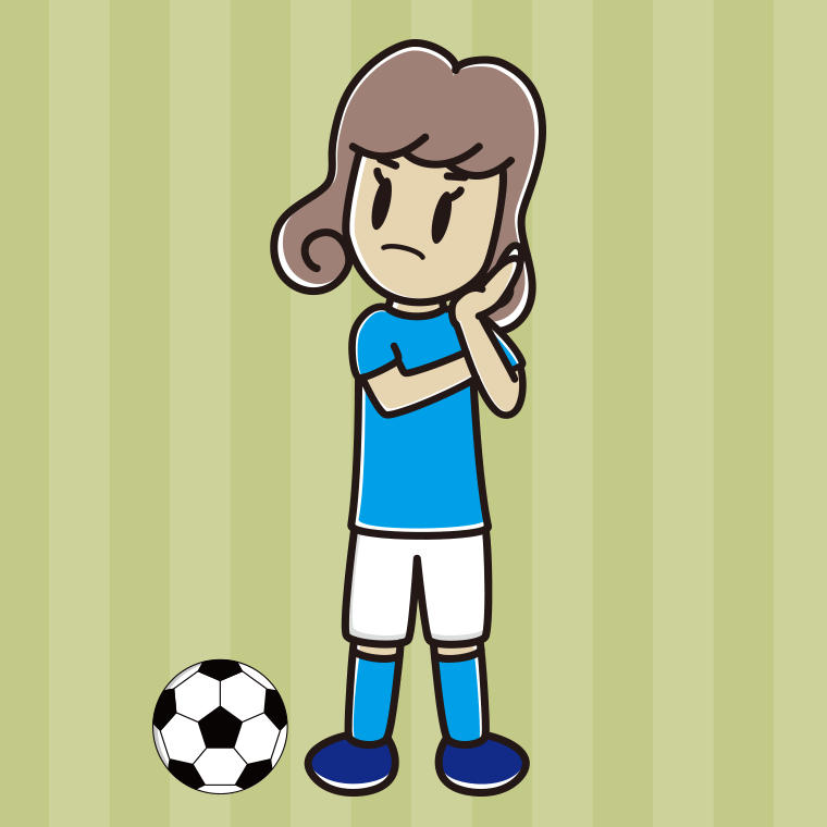 考えるサッカーのユニフォーム姿の女子大学生のイラスト【色、背景あり】PNG