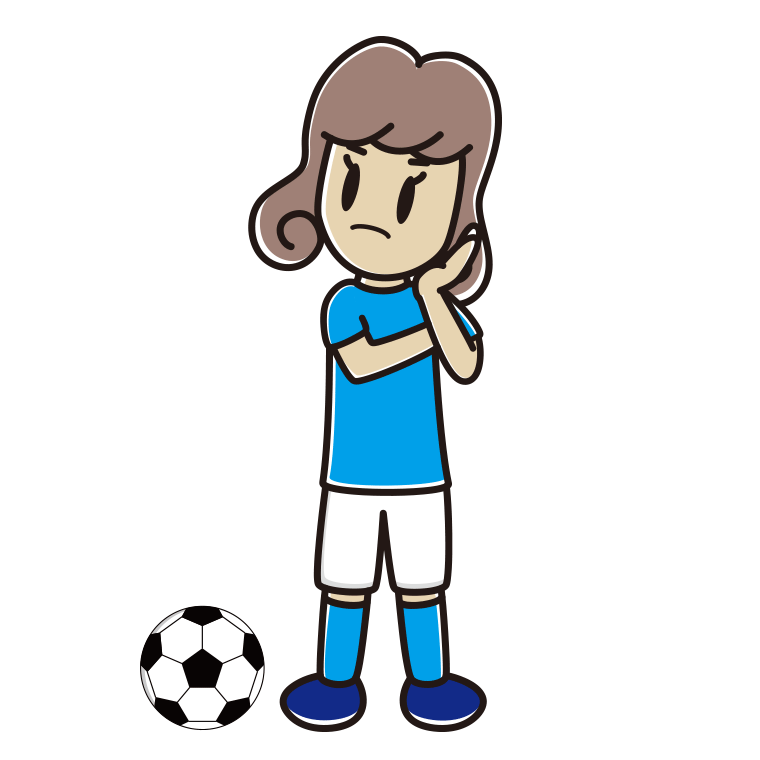 考えるサッカーのユニフォーム姿の女子大学生のイラスト【色あり、背景なし】透過PNG