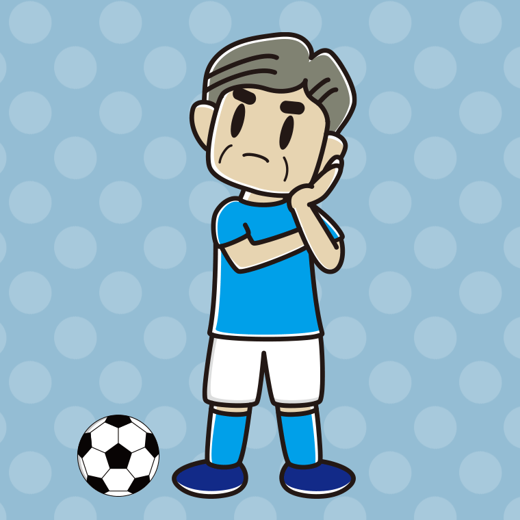 考えるサッカーのユニフォーム姿のおじさんのイラスト【色、背景あり】PNG