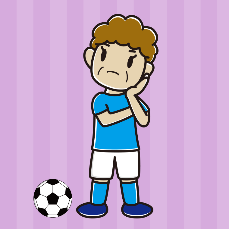考えるサッカーのユニフォーム姿のおばさんのイラスト【色、背景あり】PNG