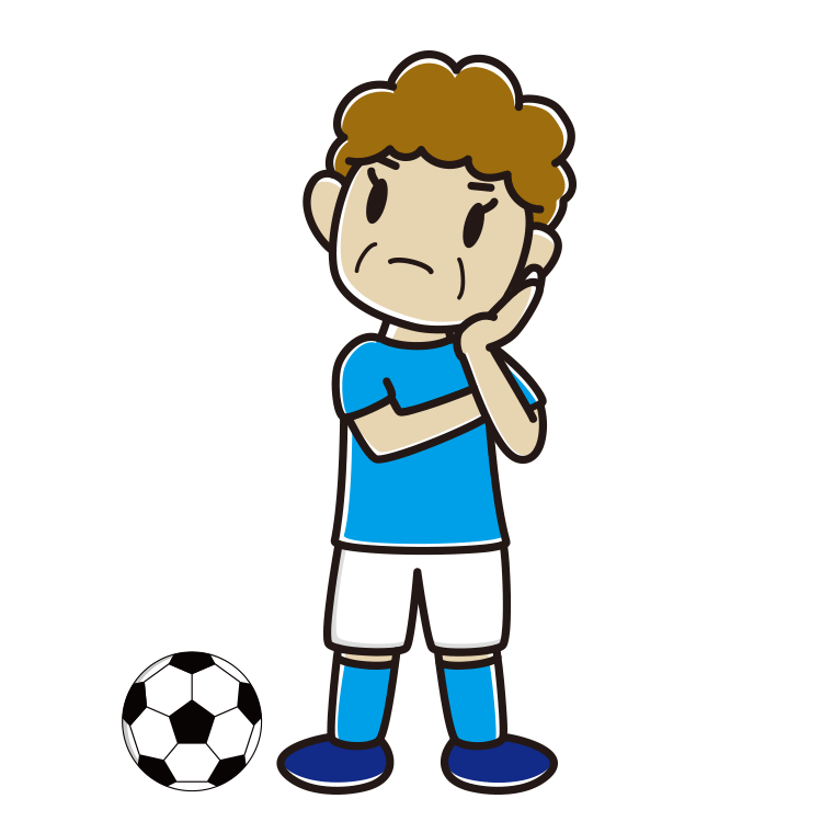 考えるサッカーのユニフォーム姿のおばさんのイラスト【色あり、背景なし】透過PNG