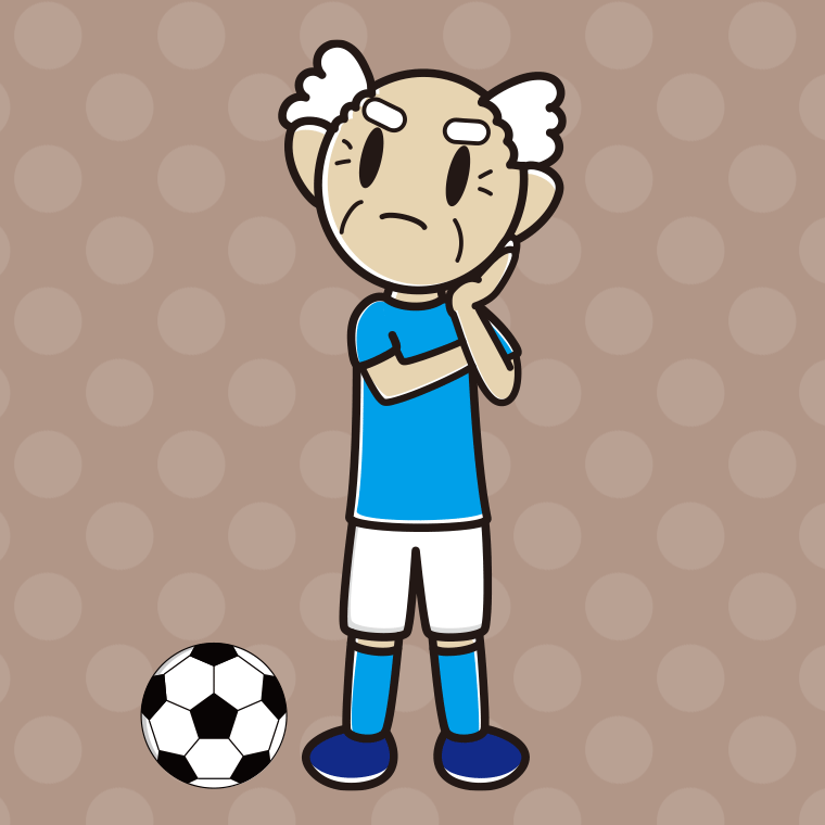 考えるサッカーのユニフォーム姿のおじいさんのイラスト【色、背景あり】PNG