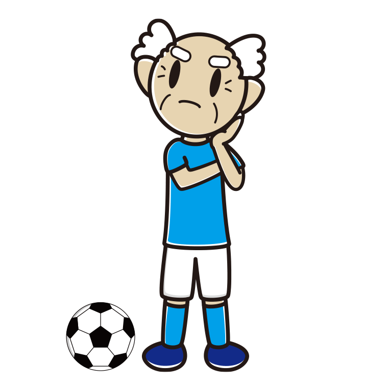 考えるサッカーのユニフォーム姿のおじいさんのイラスト【色あり、背景なし】透過PNG