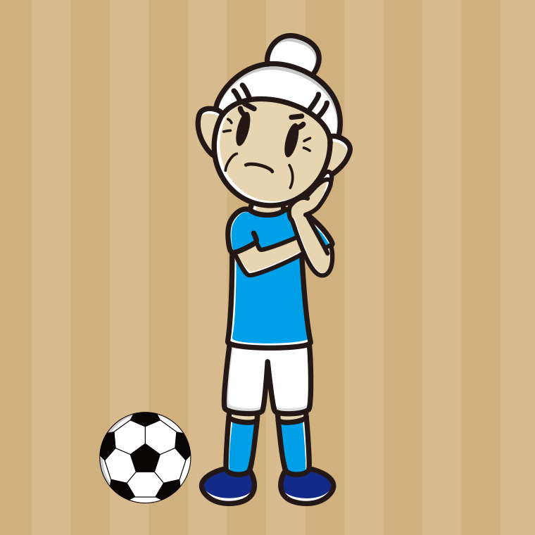 考えるサッカーのユニフォーム姿のおばあさんのイラスト【色、背景あり】PNG