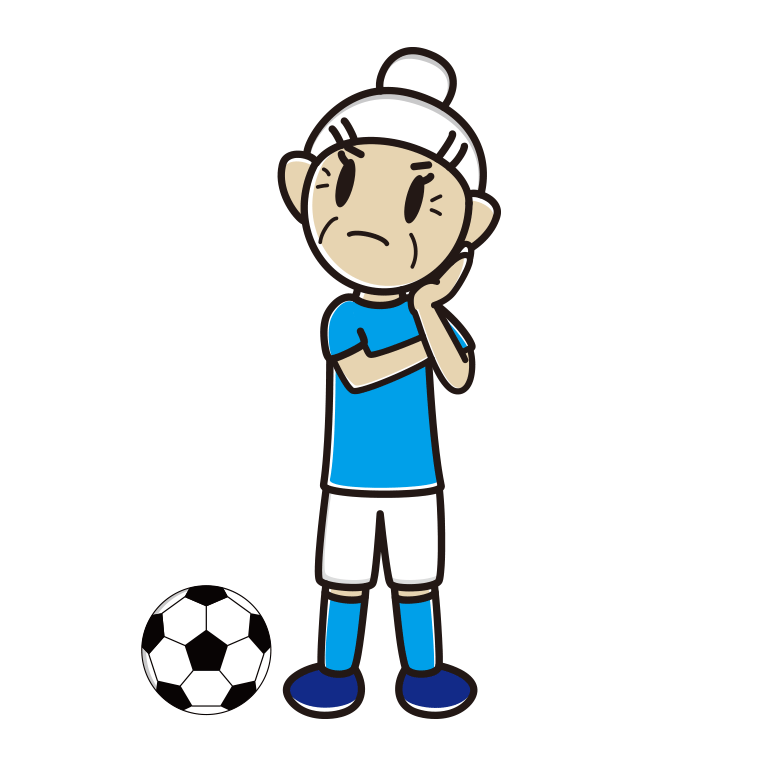 考えるサッカーのユニフォーム姿のおばあさんのイラスト【色あり、背景なし】透過PNG