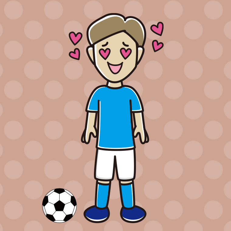 目がハートのサッカーのユニフォーム姿の男性のイラスト【色、背景あり】PNG