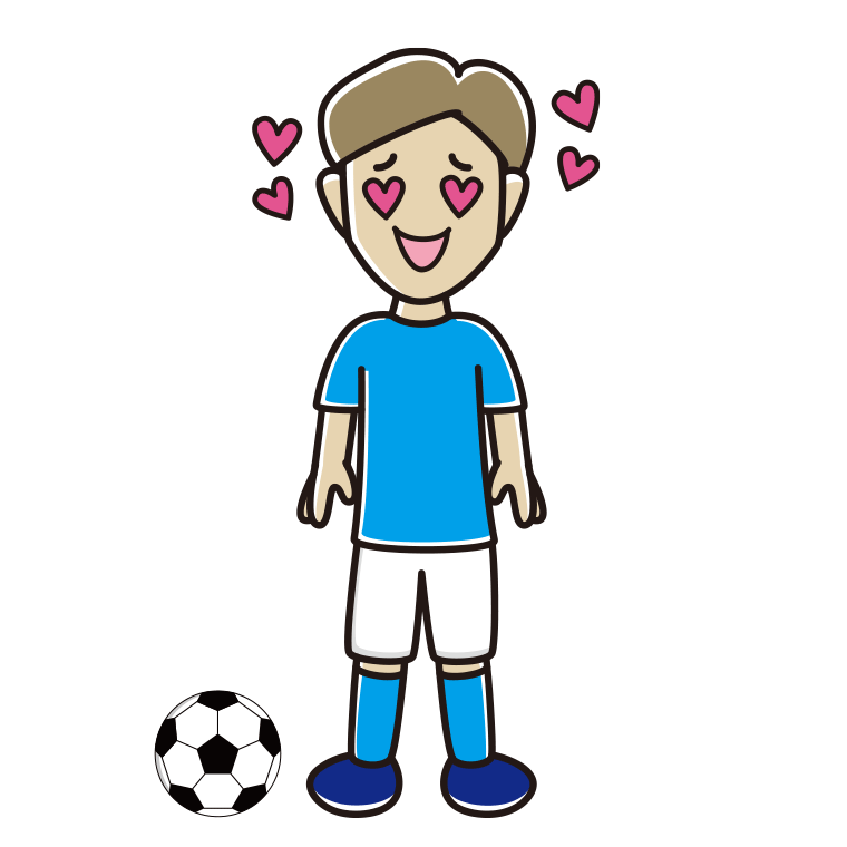 目がハートのサッカーのユニフォーム姿の男性のイラスト【色あり、背景なし】透過PNG
