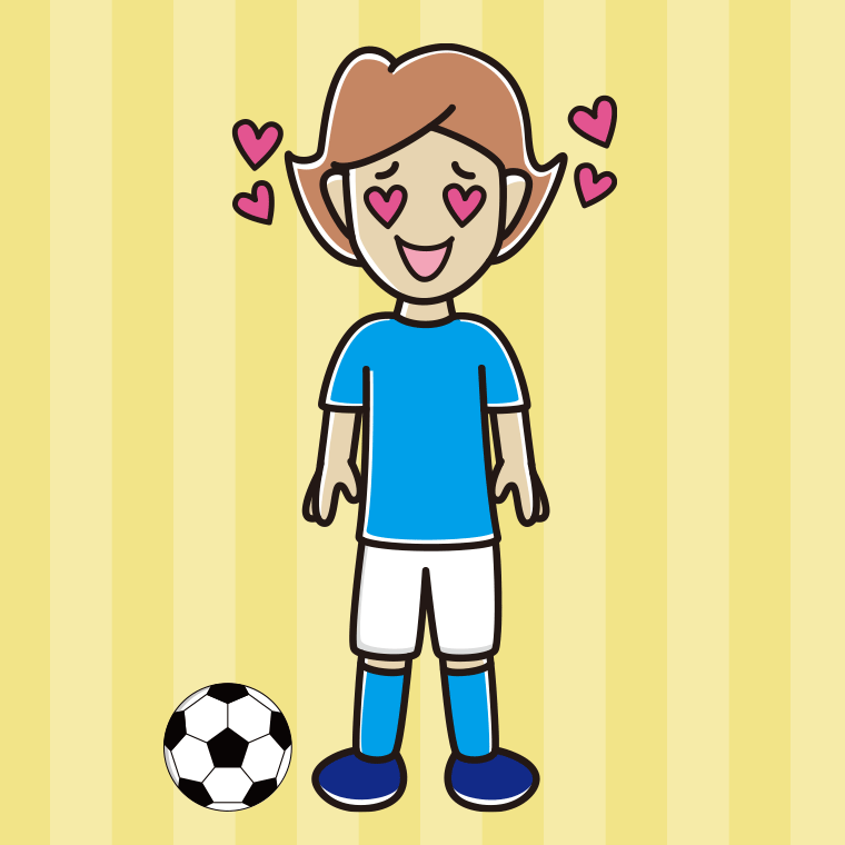 目がハートのサッカーのユニフォーム姿の女性のイラスト【色、背景あり】PNG