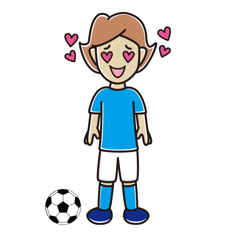 目がハートのサッカーのユニフォーム姿の女性のイラスト【色あり、背景なし】透過PNG