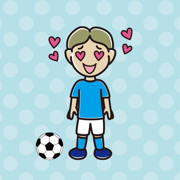 目がハートのサッカーのユニフォーム姿の小学生男子のイラスト【色、背景あり】PNG