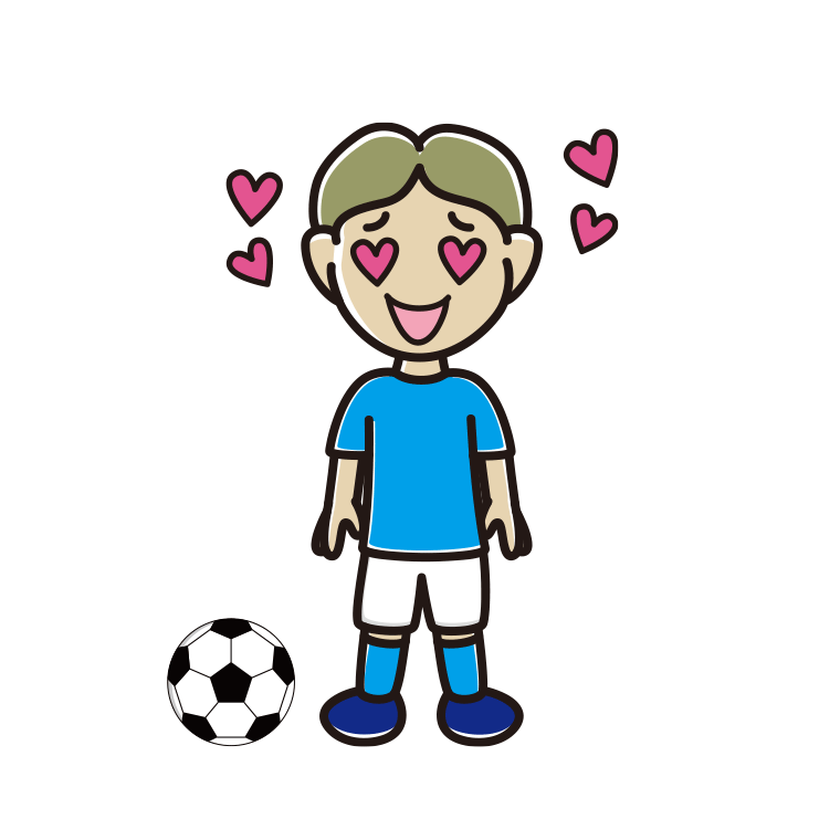 目がハートのサッカーのユニフォーム姿の小学生男子のイラスト【色あり、背景なし】透過PNG