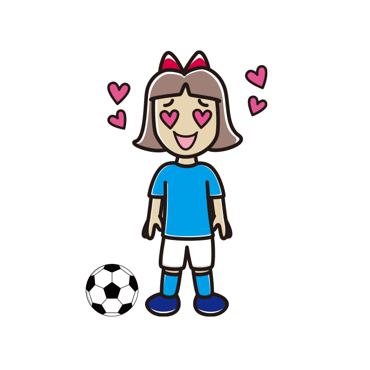 目がハートのサッカーのユニフォーム姿の小学生女子のイラスト【色あり、背景なし】透過PNG