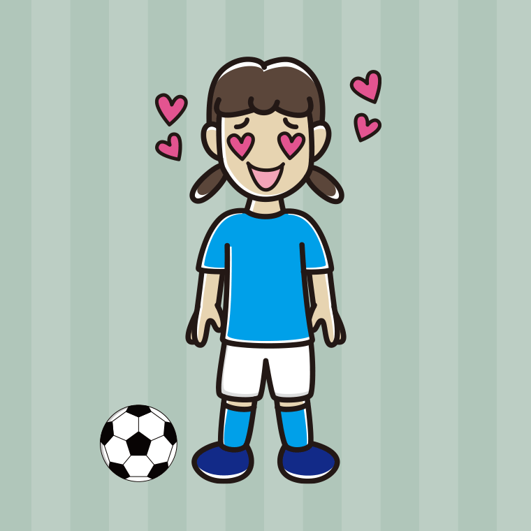 目がハートのサッカーのユニフォーム姿の女子中学生のイラスト【色、背景あり】PNG