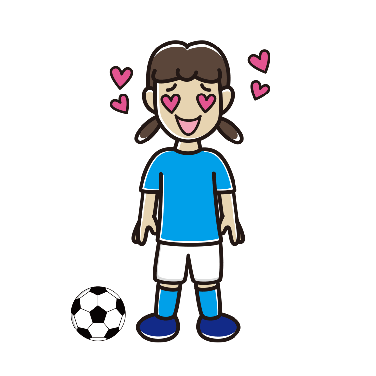 目がハートのサッカーのユニフォーム姿の女子中学生のイラスト【色あり、背景なし】透過PNG