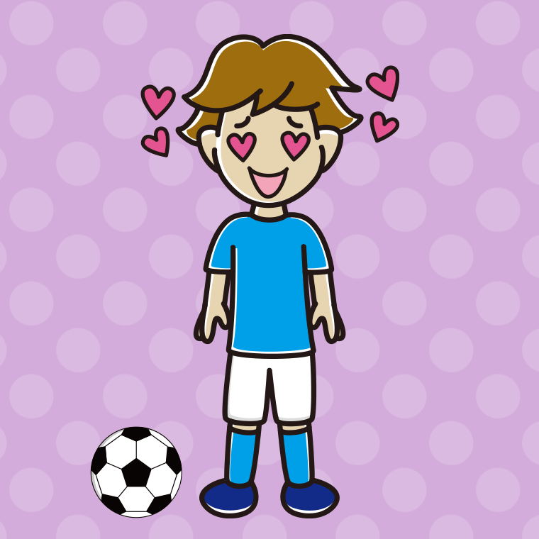 目がハートのサッカーのユニフォーム姿の男子高校生のイラスト【色、背景あり】PNG