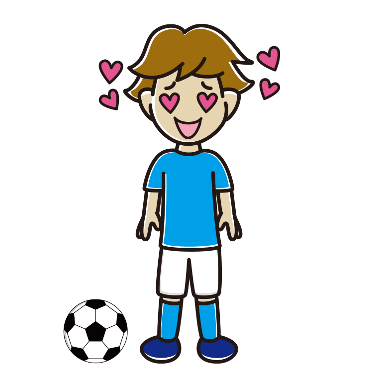 目がハートのサッカーのユニフォーム姿の男子高校生のイラスト【色あり、背景なし】透過PNG