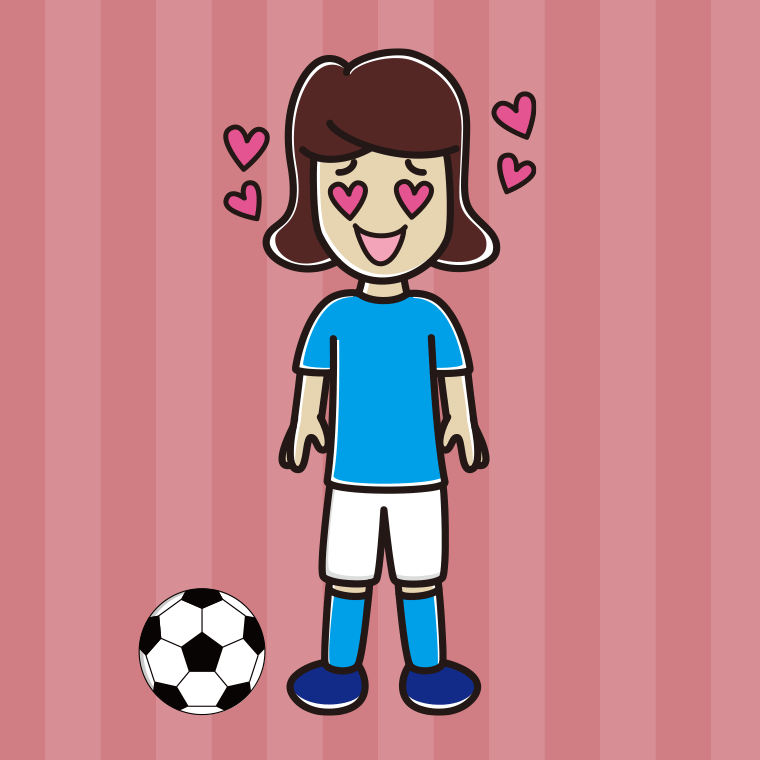 目がハートのサッカーのユニフォーム姿の女子高校生のイラスト【色、背景あり】PNG