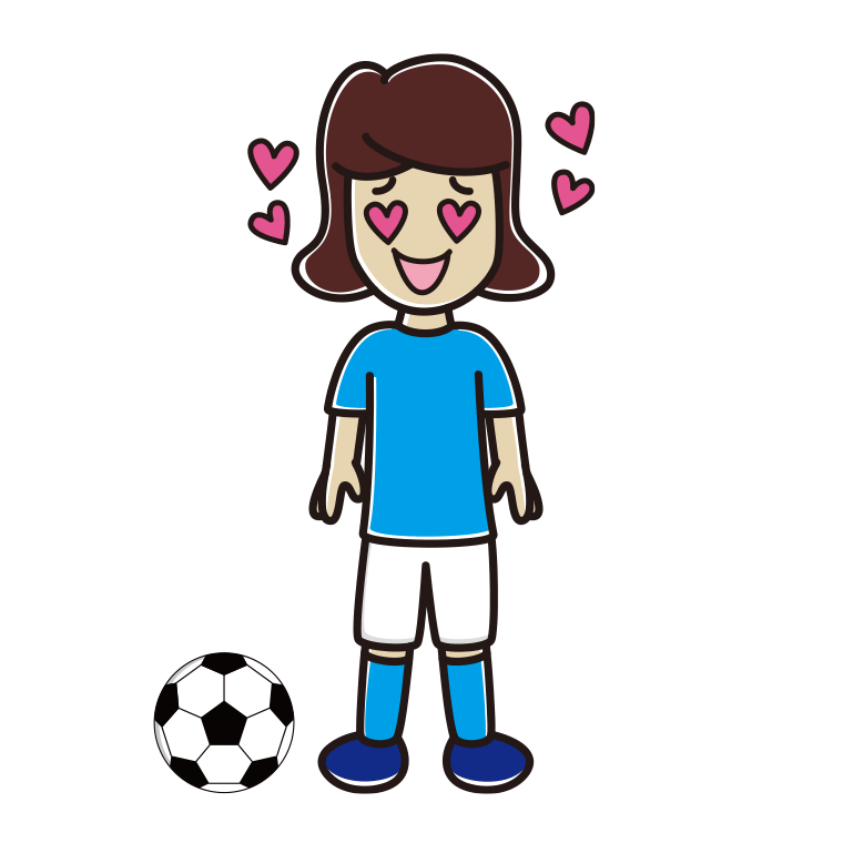 目がハートのサッカーのユニフォーム姿の女子高校生のイラスト【色あり、背景なし】透過PNG