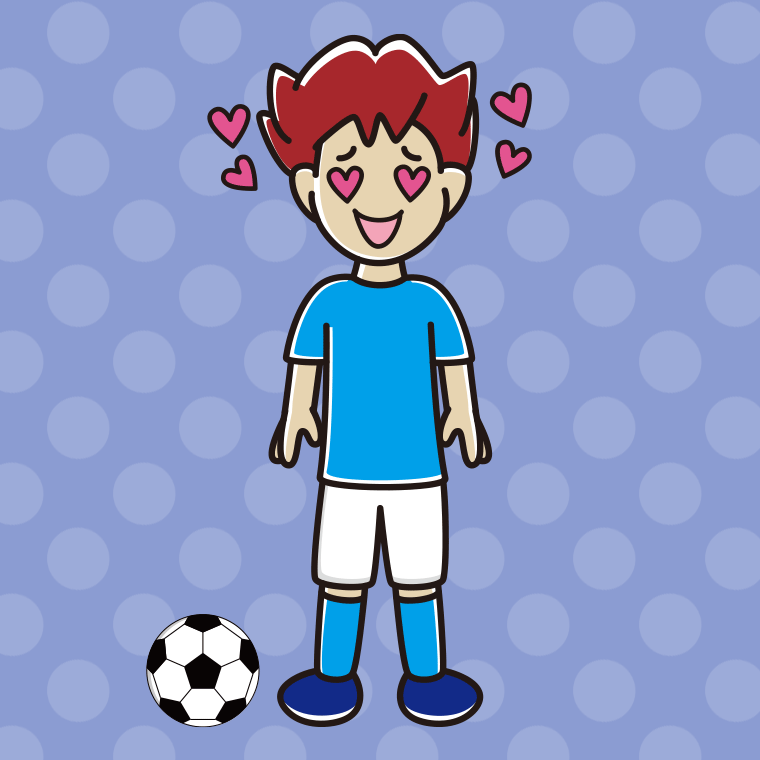 目がハートのサッカーのユニフォーム姿の男子大学生のイラスト【色、背景あり】PNG