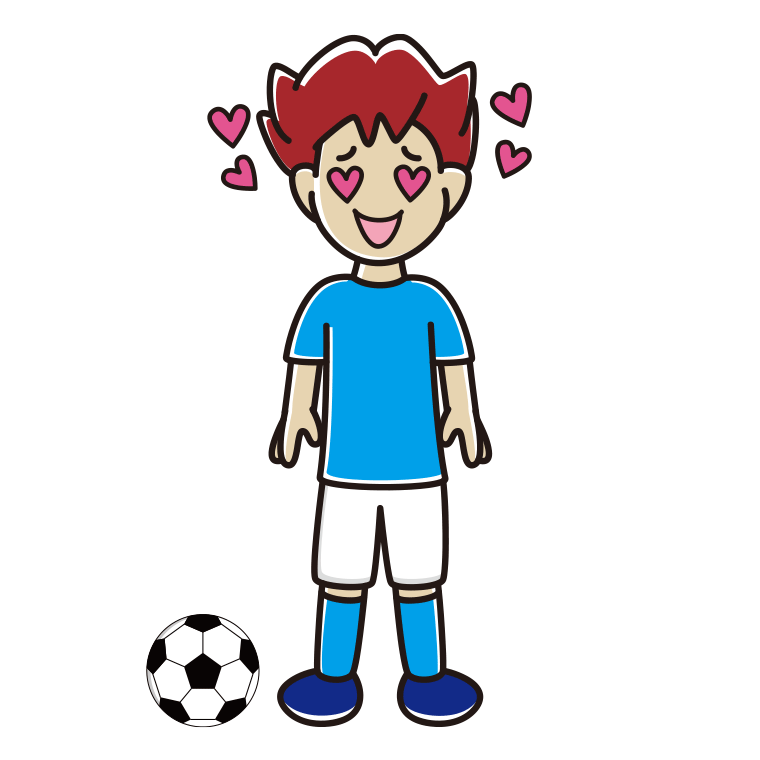 目がハートのサッカーのユニフォーム姿の男子大学生のイラスト【色あり、背景なし】透過PNG