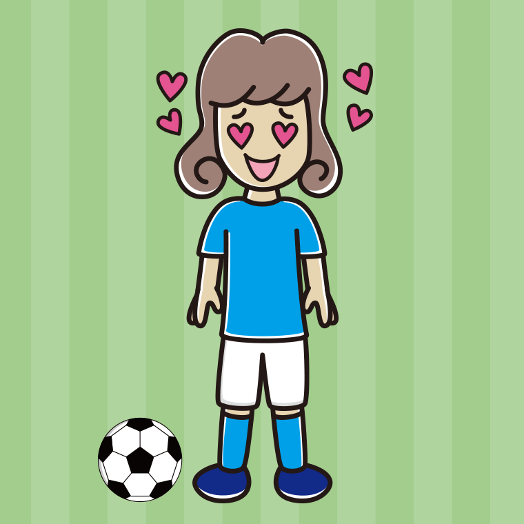 目がハートのサッカーのユニフォーム姿の女子大学生のイラスト【色、背景あり】PNG