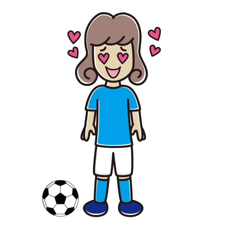 目がハートのサッカーのユニフォーム姿の女子大学生のイラスト【色あり、背景なし】透過PNG