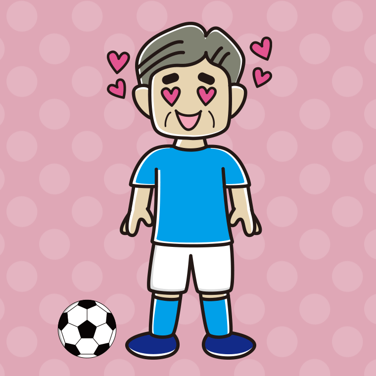 目がハートのサッカーのユニフォーム姿のおじさんのイラスト【色、背景あり】PNG