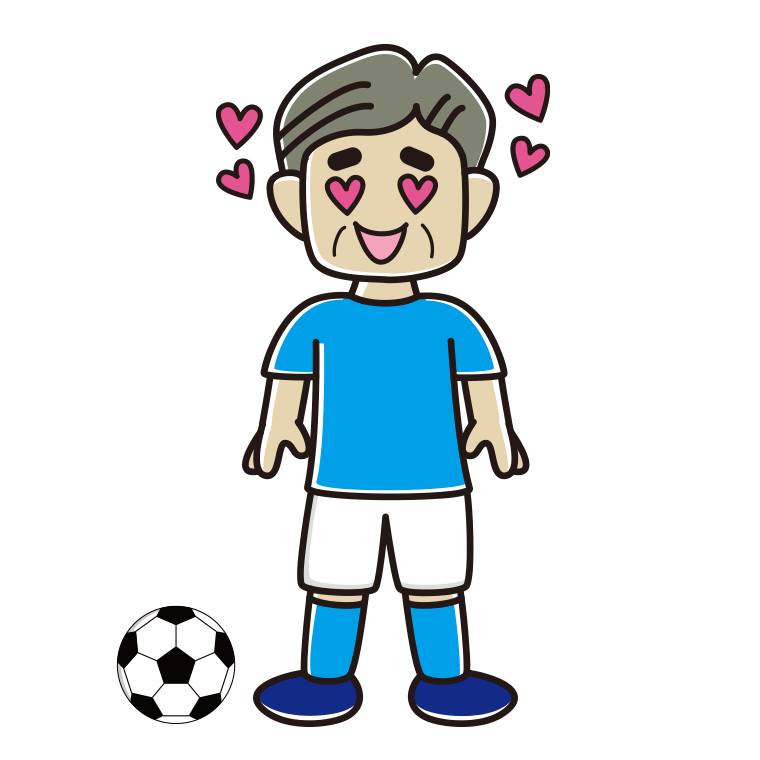 目がハートのサッカーのユニフォーム姿のおじさんのイラスト【色あり、背景なし】透過PNG