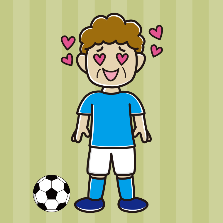 目がハートのサッカーのユニフォーム姿のおばさんのイラスト【色、背景あり】PNG