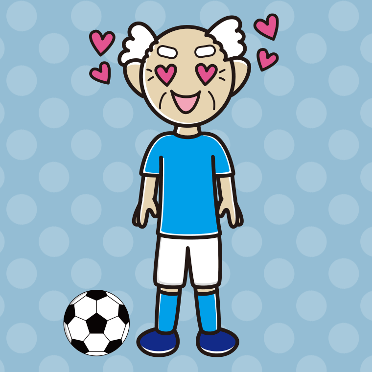 目がハートのサッカーのユニフォーム姿のおじいさんのイラスト【色、背景あり】PNG