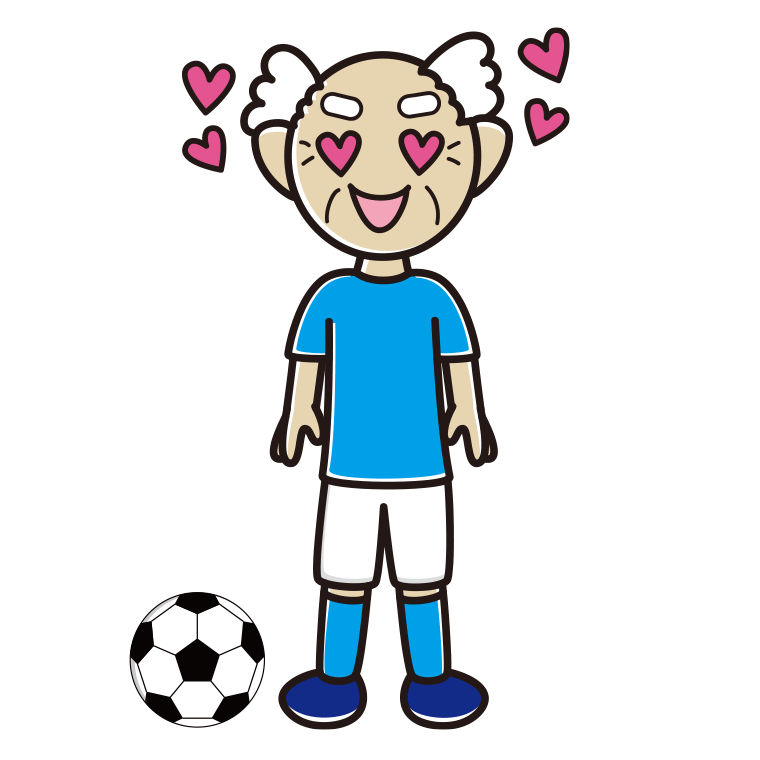 目がハートのサッカーのユニフォーム姿のおじいさんのイラスト【色あり、背景なし】透過PNG