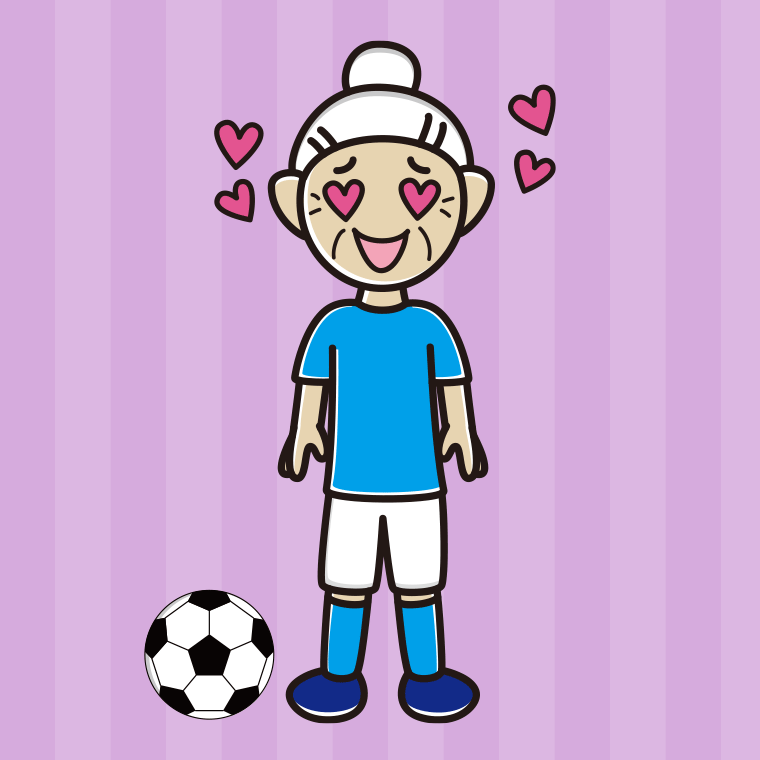 目がハートのサッカーのユニフォーム姿のおばあさんのイラスト【色、背景あり】PNG
